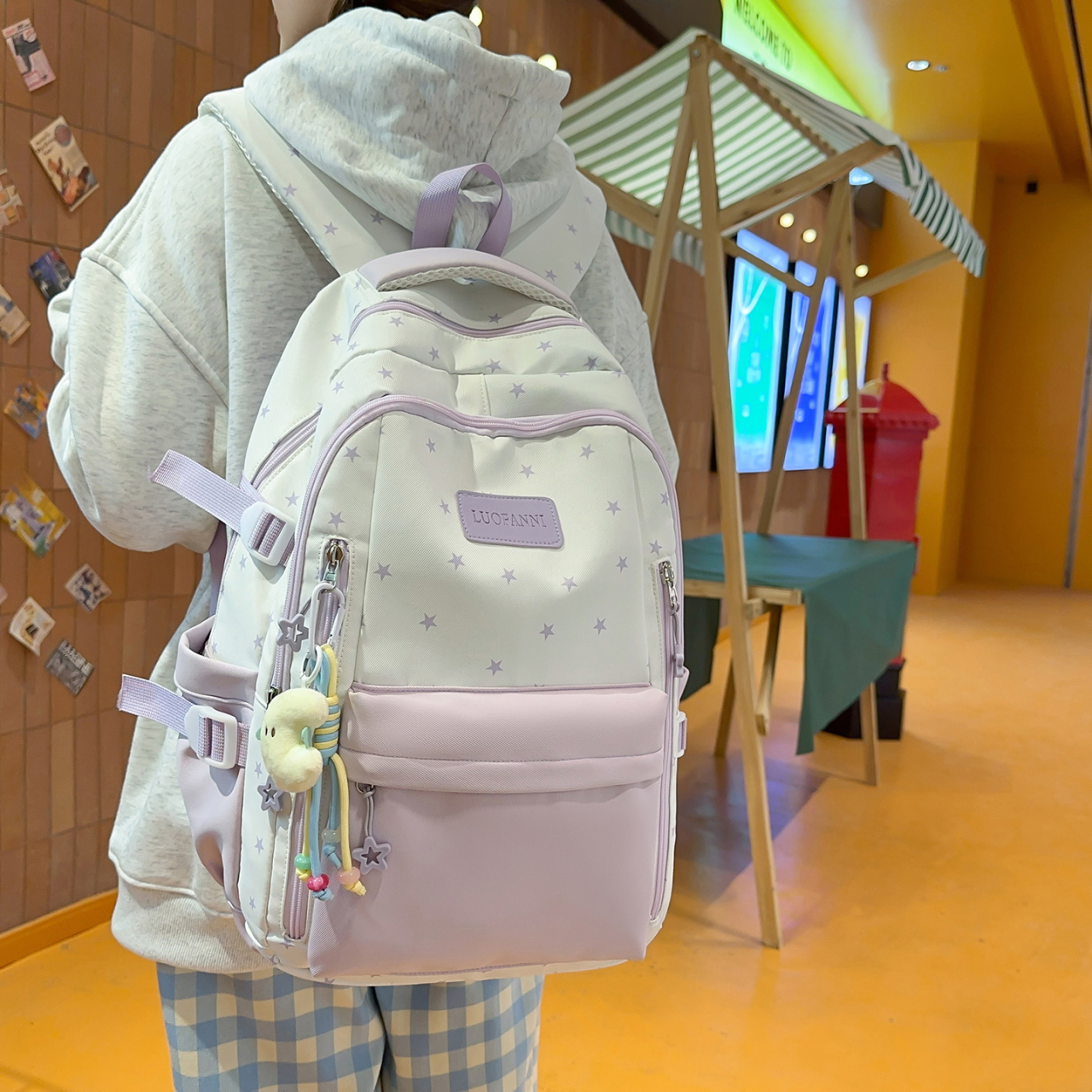 Women's Cream White & Yellow C - Canvas Backpack Casual avis et prix