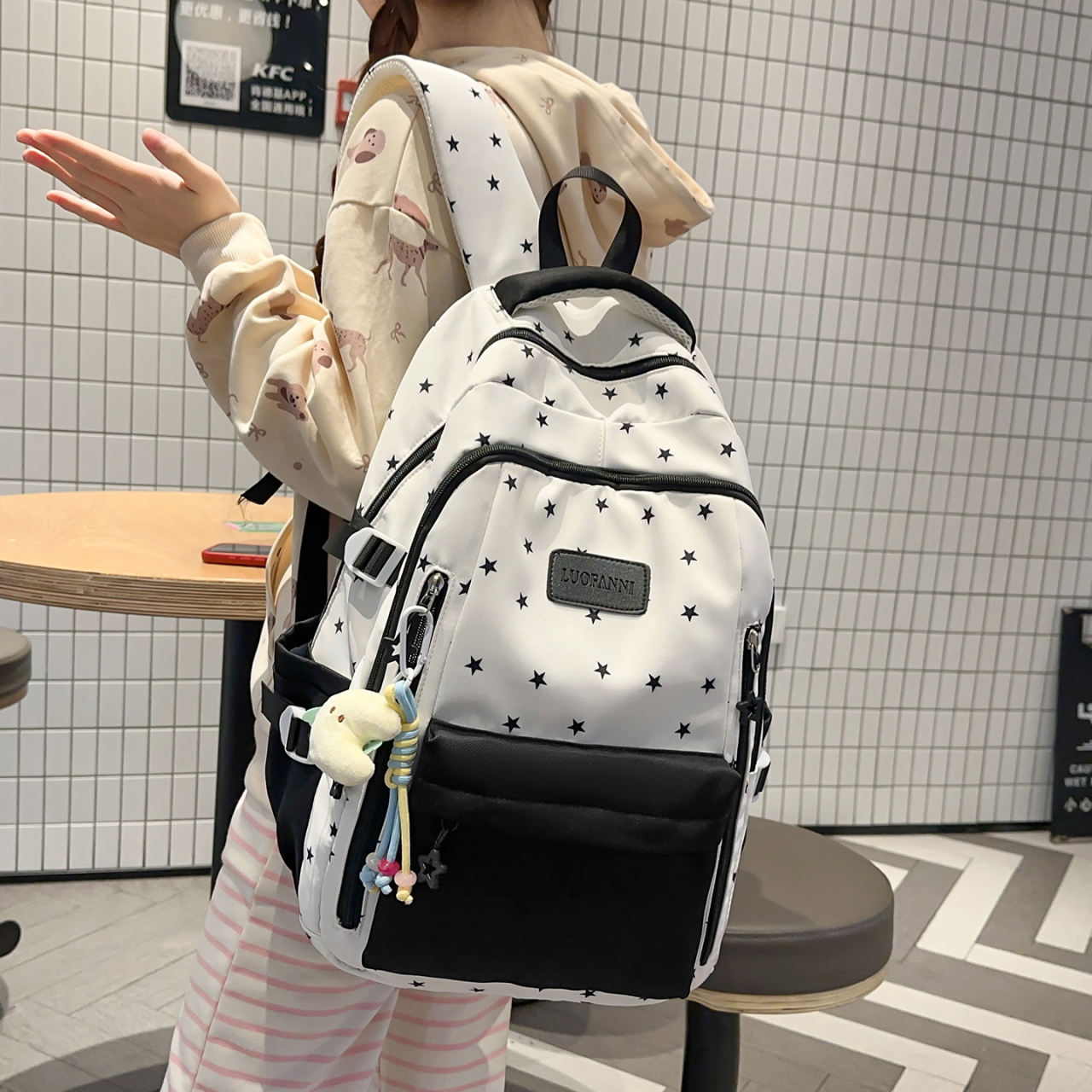 Women's Cream White & Yellow C - Canvas Backpack Casual avis et prix