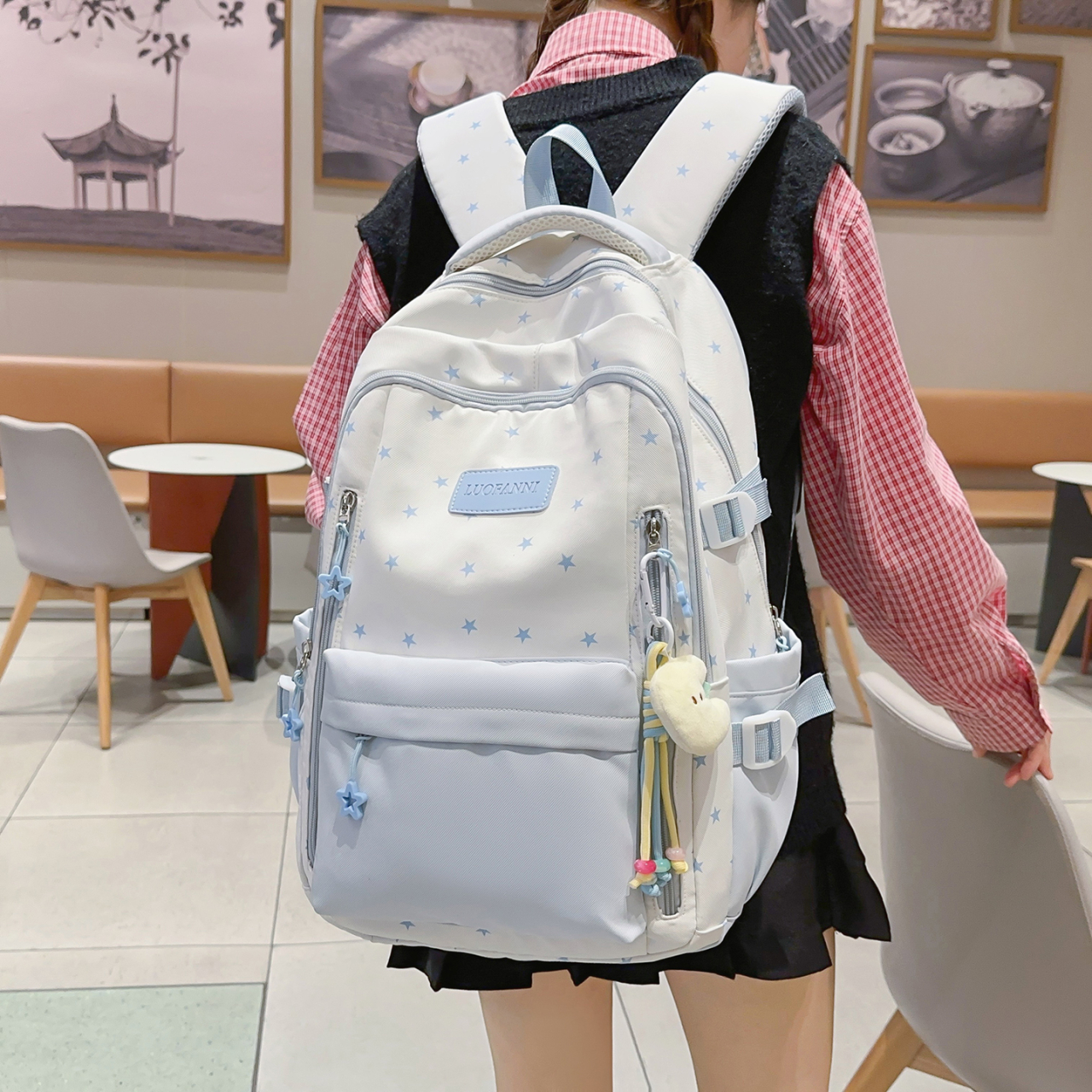 Women's Cream White & Yellow C - Canvas Backpack Casual avis et prix